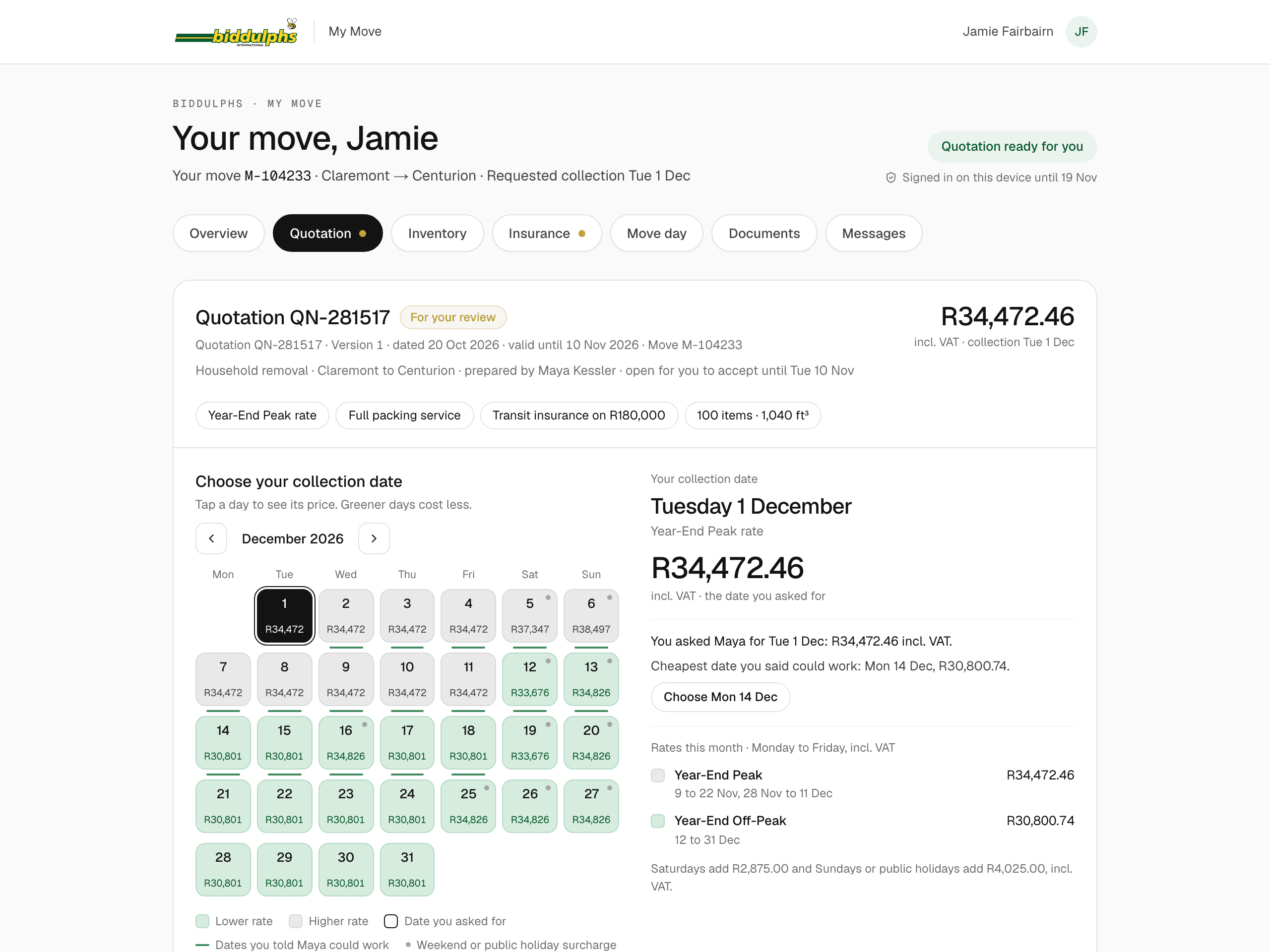 The fictional move's quotation in My Move, with collection-date options and the price for each option.