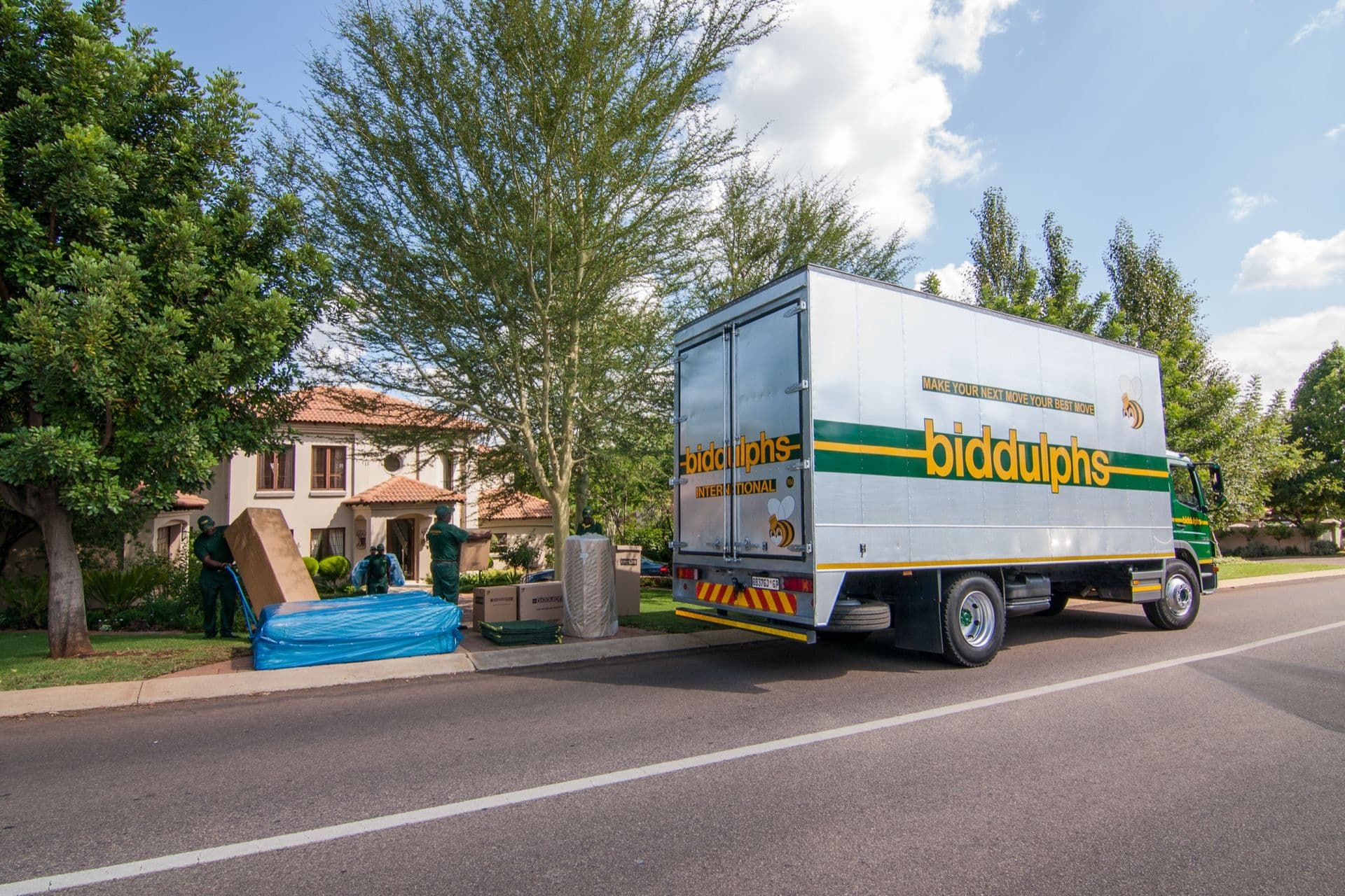 Biddulphs moving truck on a residential street