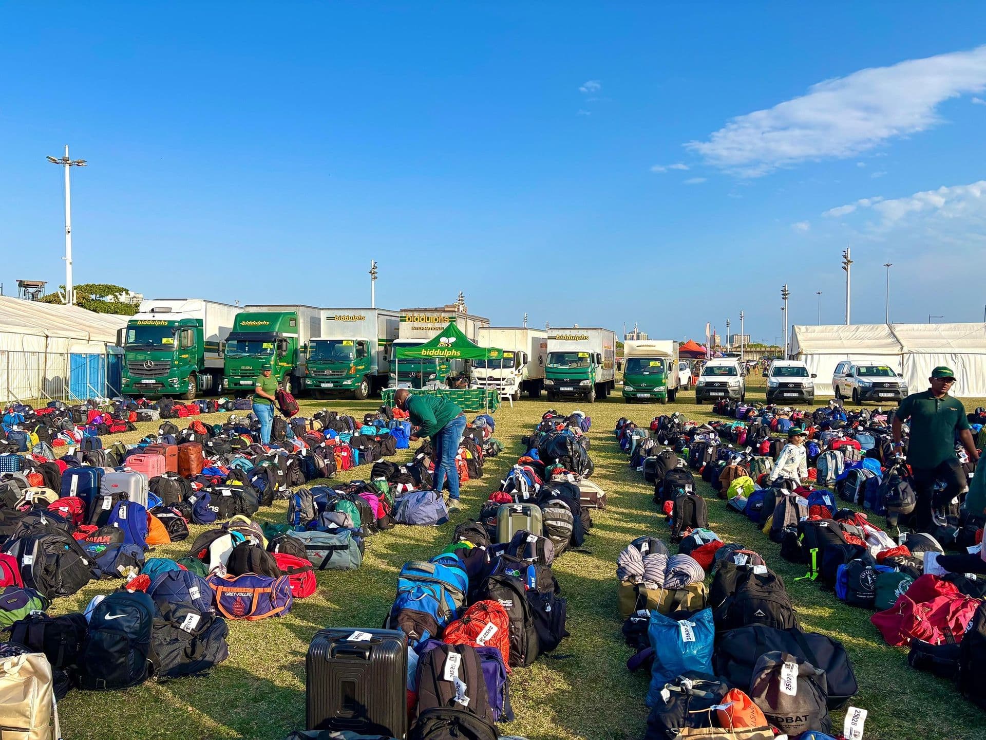 Fleet of Biddulphs trucks lined up at the Comrades Marathon tog bag drop zone